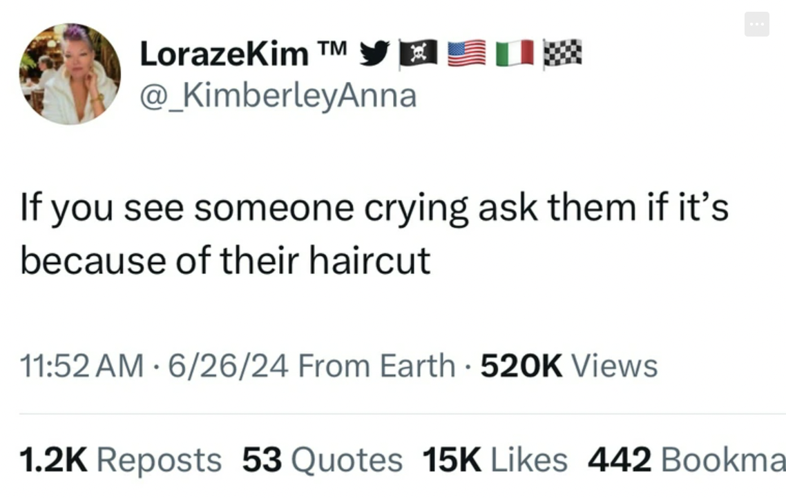 screenshot - LorazeKim T If you see someone crying ask them if it's because of their haircut 62624 From Earth Views Reposts 53 Quotes 15K 442 Bookma